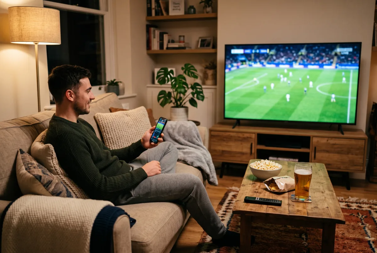 自宅のソファでサッカー中継を見ながらスマホを操作する男性