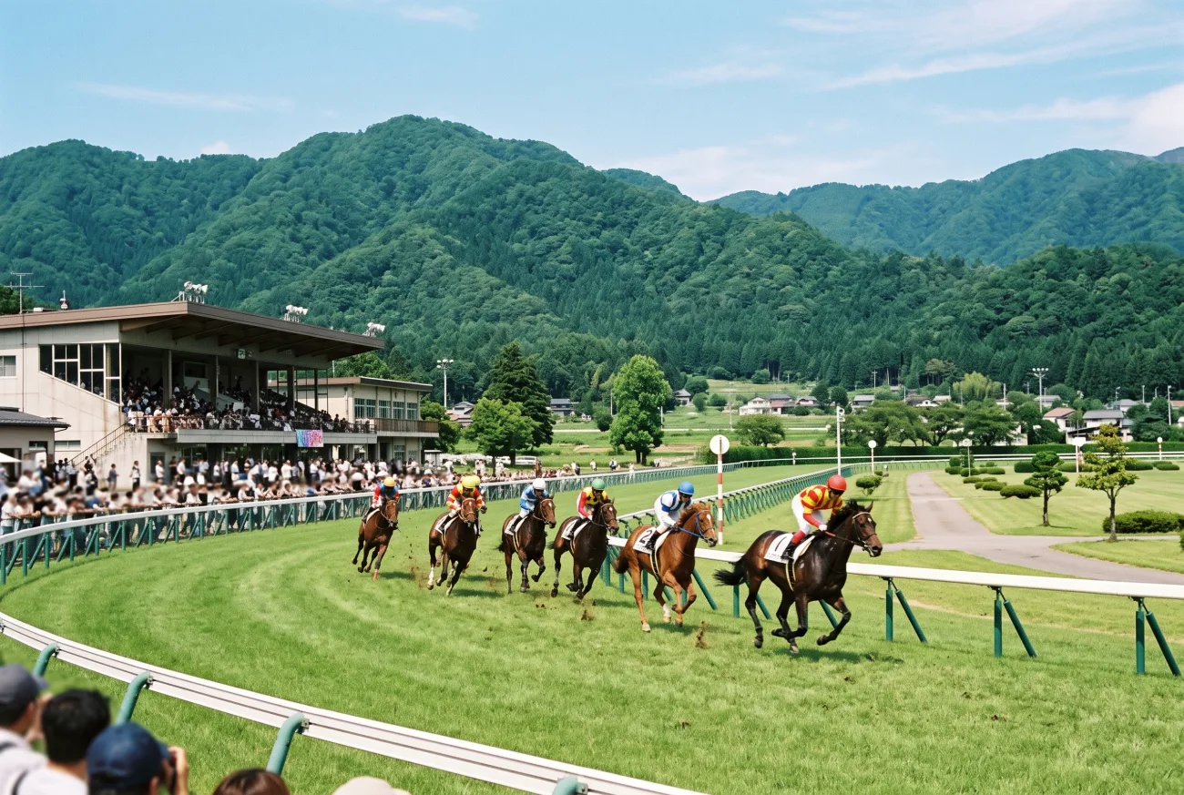 緑の山々を背景に芝コースを走る競走馬が見える地方の競馬場