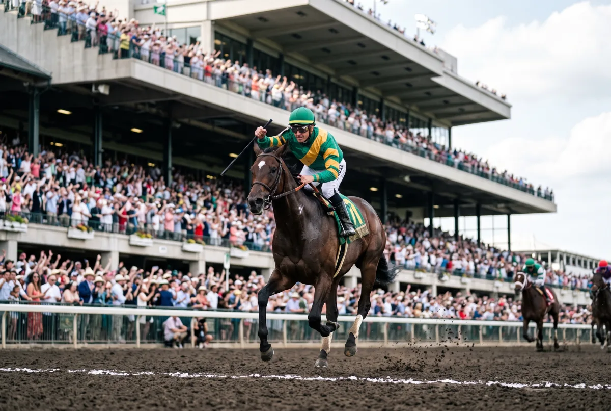 満員の観客の前でG1レースを制する競走馬