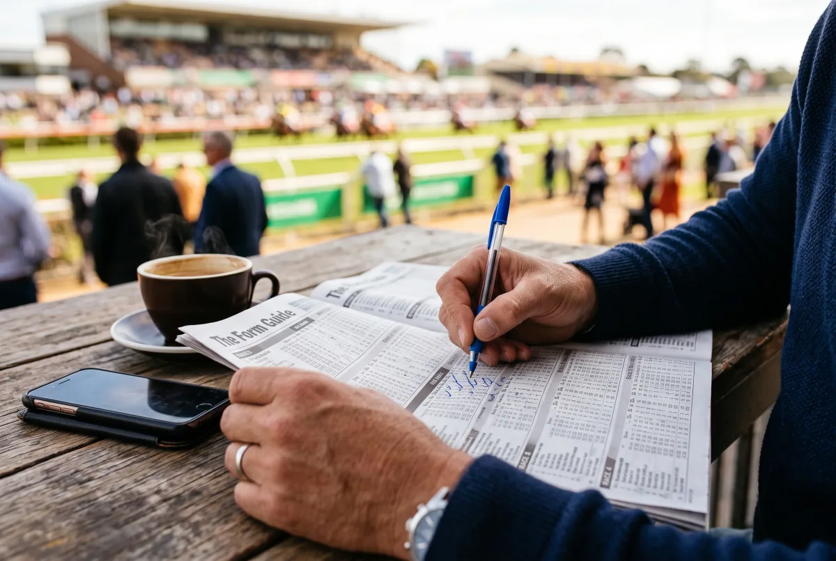 競馬新聞を広げて予想を検討する人の手元