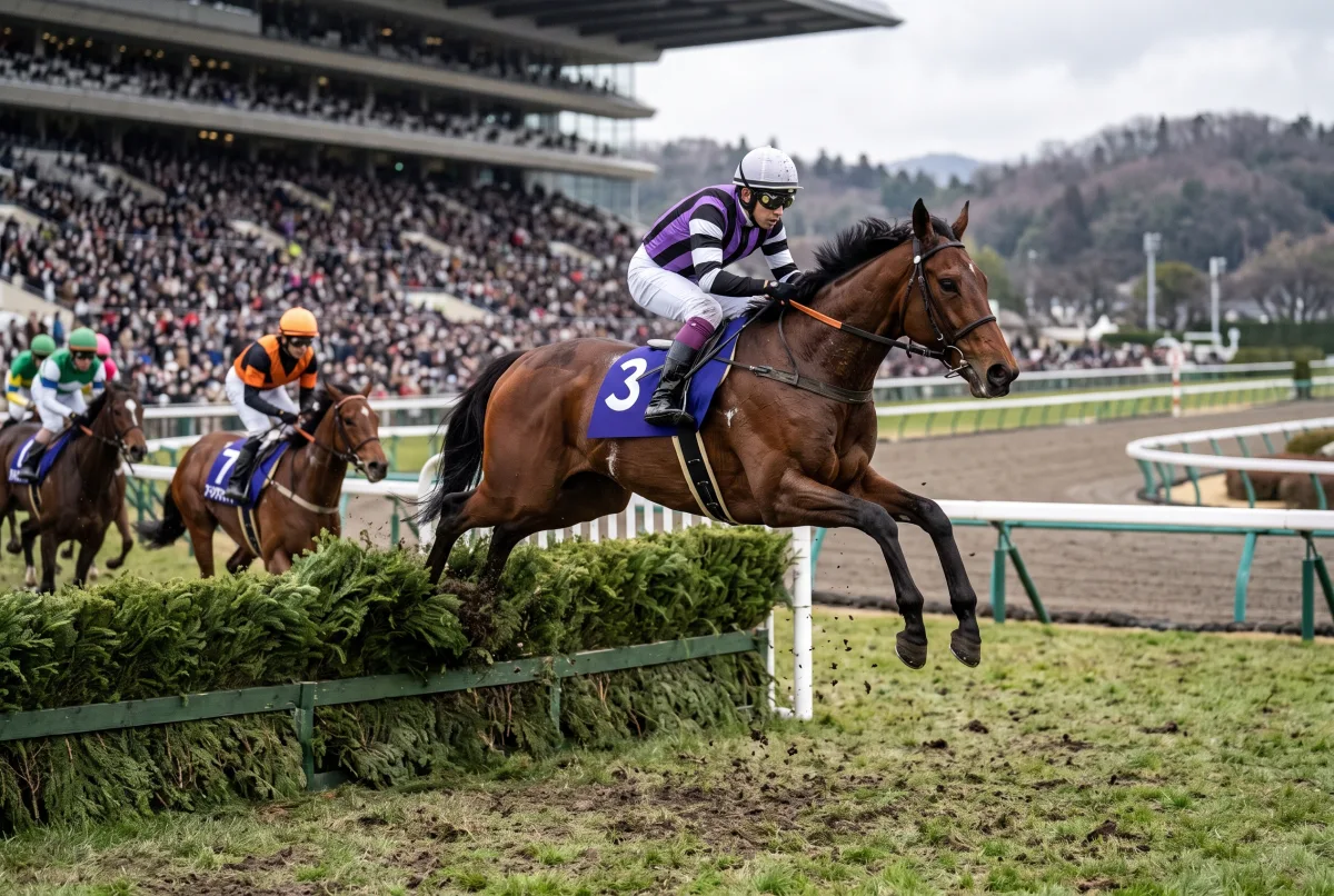 中山競馬場の障害コースで生垣を飛越する競走馬