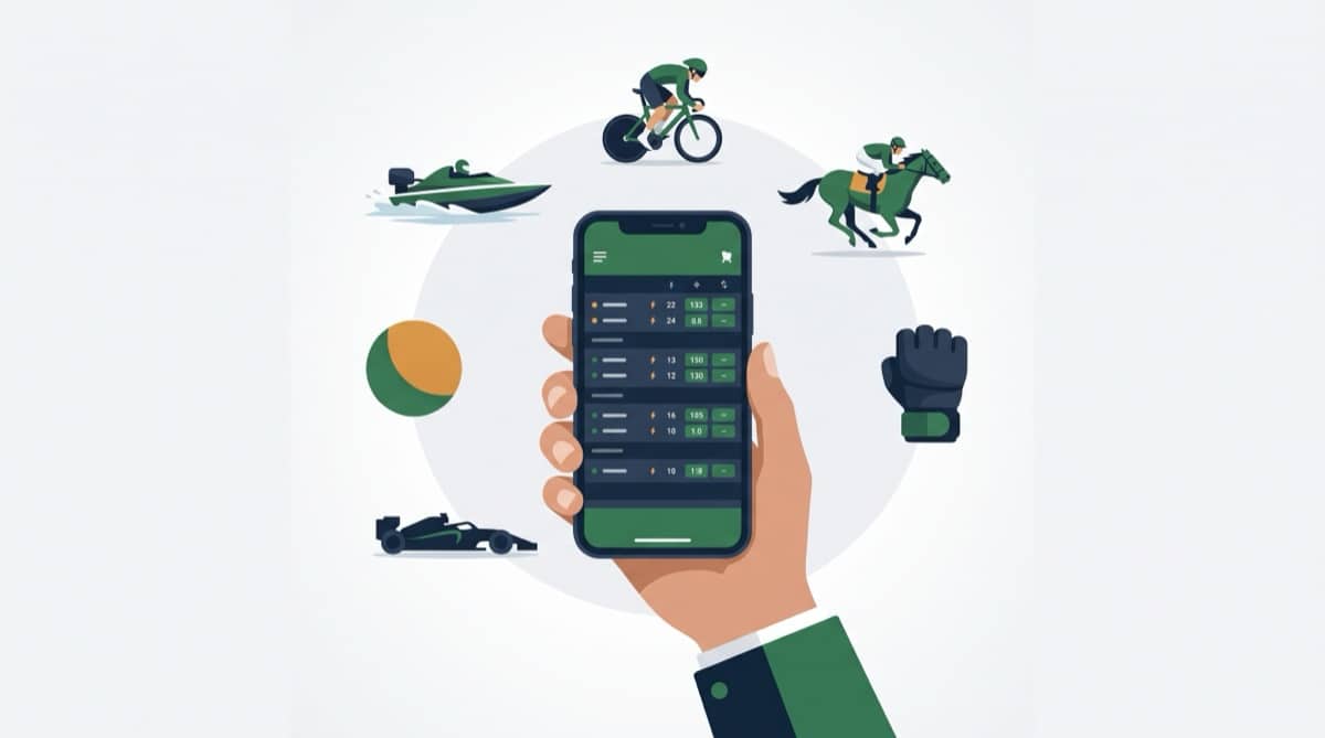 スマートフォンに表示されたオッズ画面と、競艇・競輪・競馬・格闘技・F1のアイコン
